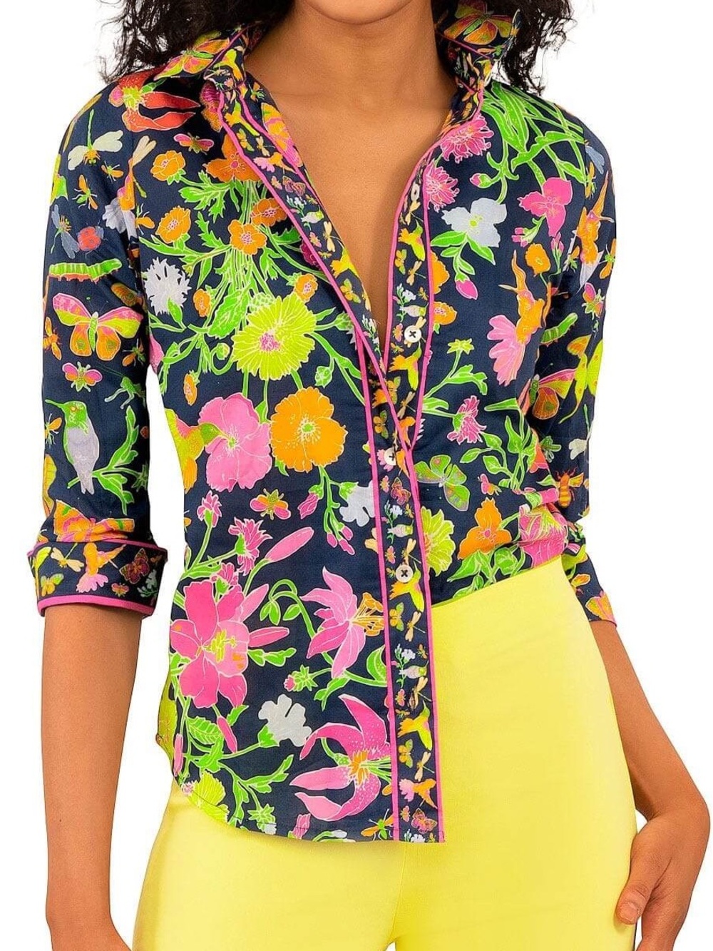 Gretchen Scott cotton boyfriend shirt birds and bees floral button up small